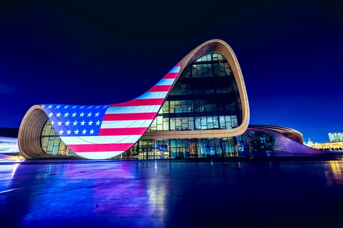 Heydar Aliyev Center Illuminated in Colors of US Flag - Caspianpost.com