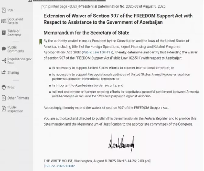 Latest News & Breaking Stories | Stay Updated with Caspianpost.com - US Releases Trump’s Memorandum Extending Waiver of Section 907 for Azerbaijan