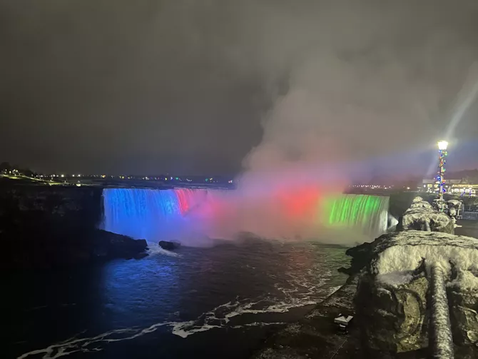 Niagara Falls Illuminated in the Colors of the Azerbaijani Flag