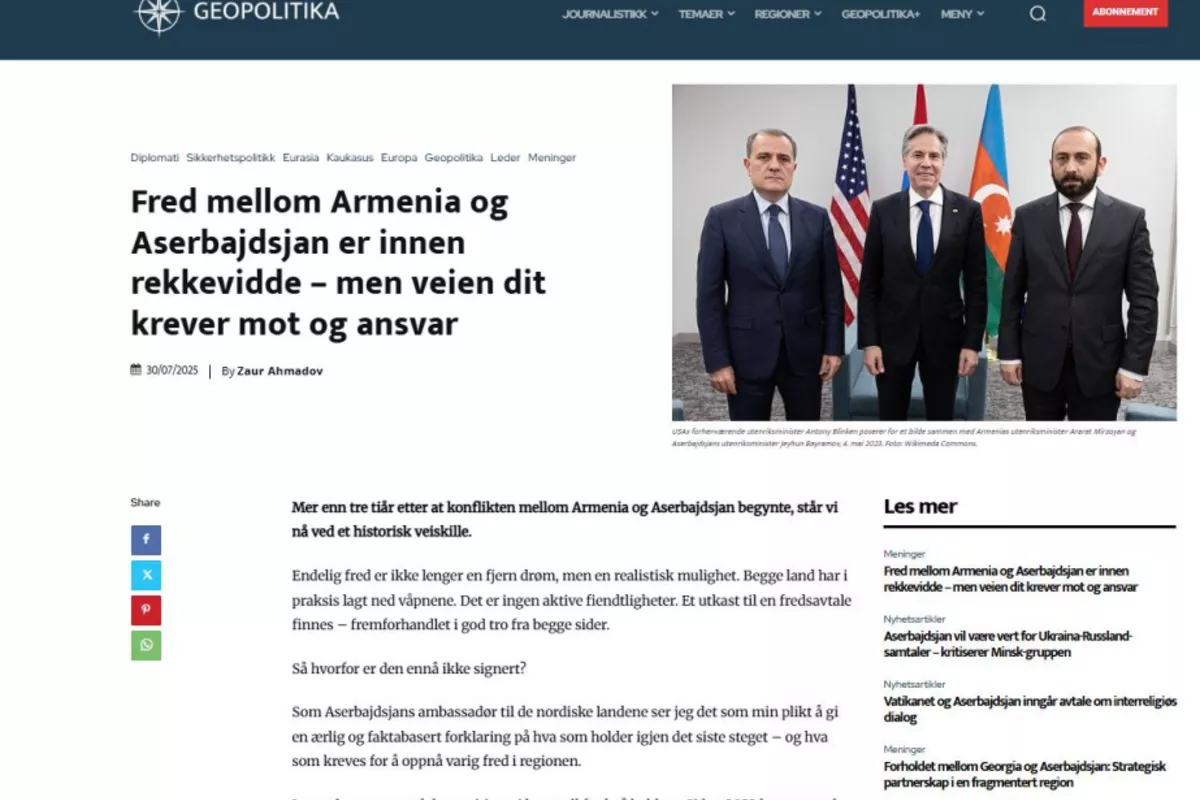 Norwegian Media Highlights Azerbaijan-Armenia Peace Prospects