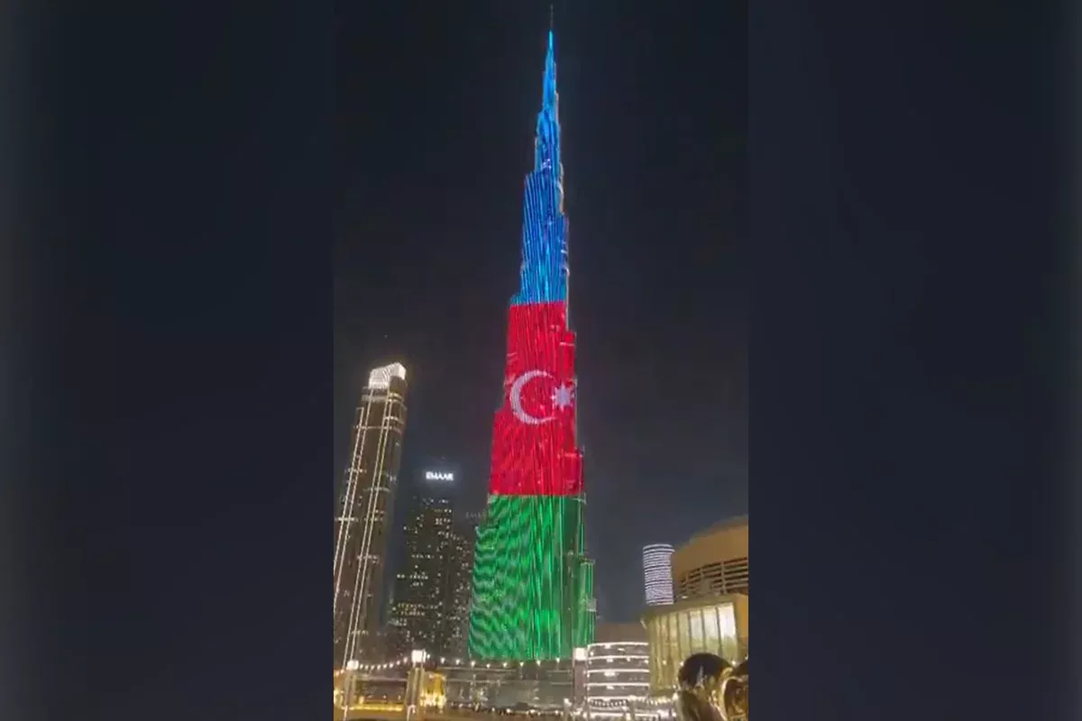 Burj Khalifa in Dubai Shines in Colors of Azerbaijani Flag