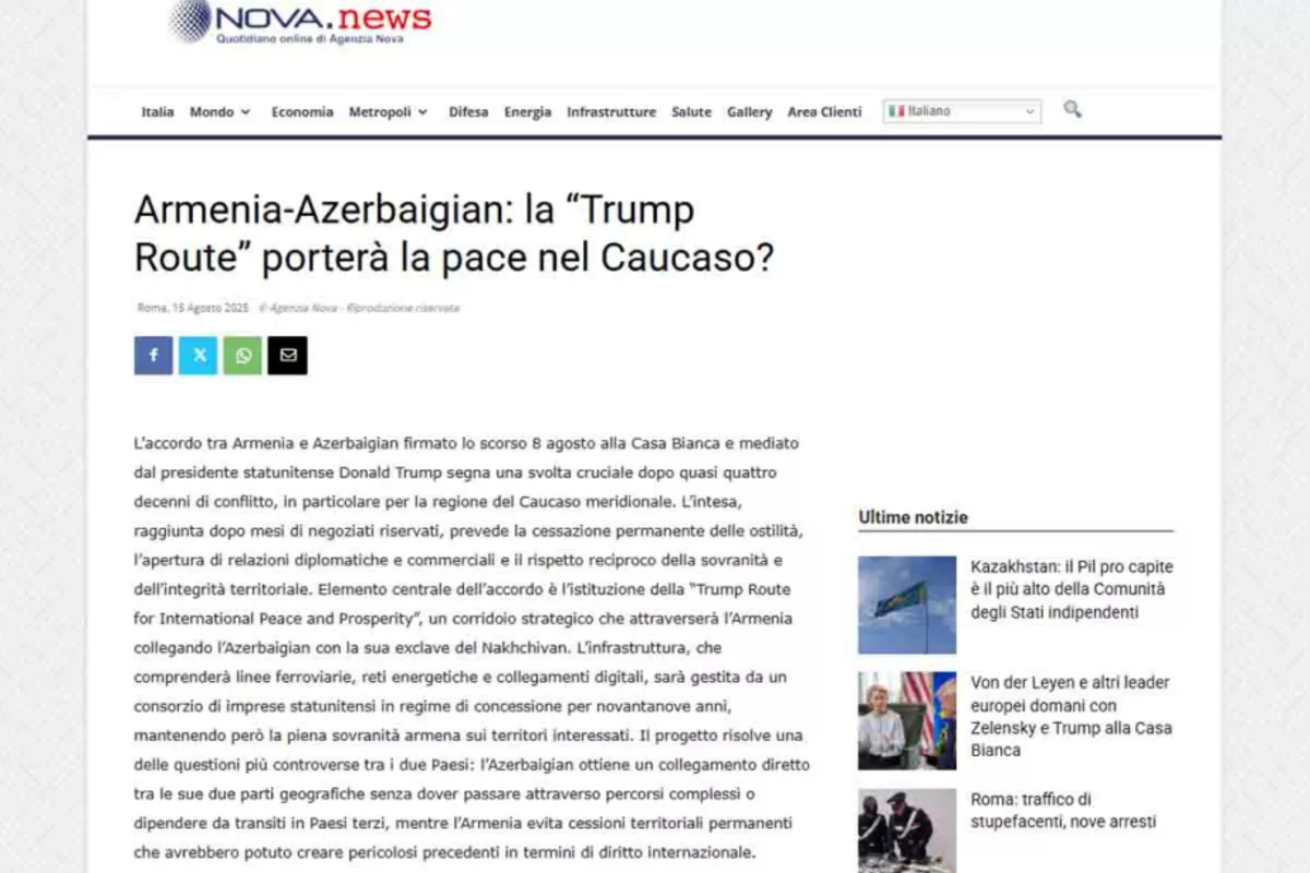 Italian Media Highlights August 8 Washington Meeting as Key to South Caucasus Peace