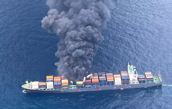 Cargo Vessel Hit by Projectile in Gulf, Causing Large Explosion