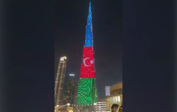 Burj Khalifa in Dubai Shines in Colors of Azerbaijani Flag