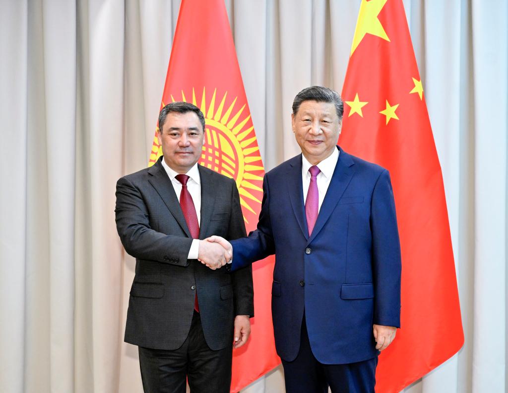 Chinese President Xi Jinping meets with Kyrgyz President Sadyr Japarov ahead of the 24th Meeting of the Council of Heads of State of the Shanghai Cooperation Organization in Astana, Kazakhstan, July 3, 2024. (Xinhua/Yin Bogu)